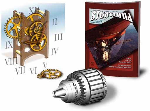 Illustrations of a clock, a magazine cover and a drill chuck